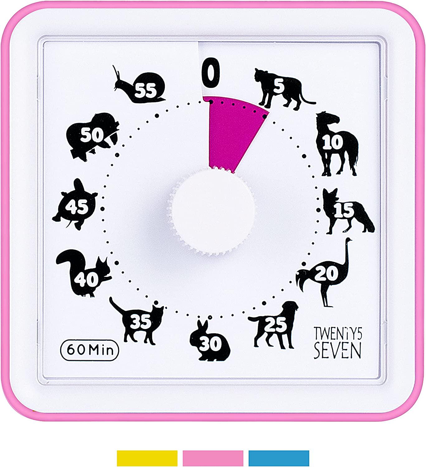 TWENTY5 SEVEN, TWENTY5 SEVEN Countdown Timer 3 inch; 60 Minute 1 Hour Visual Timer - Classroom Teaching Tool Office Meeting, Countdown Clock for Kids Exam Time Management - Pink