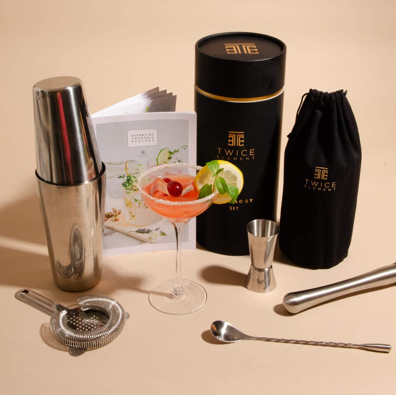 Twice Element, Twice Element Cocktail Shaker Set | Boston Style Shaker Kit with: Elegant Gift Box, Storage Pouch, Recipe Book and All Essential Drink Accessories | Gift for him