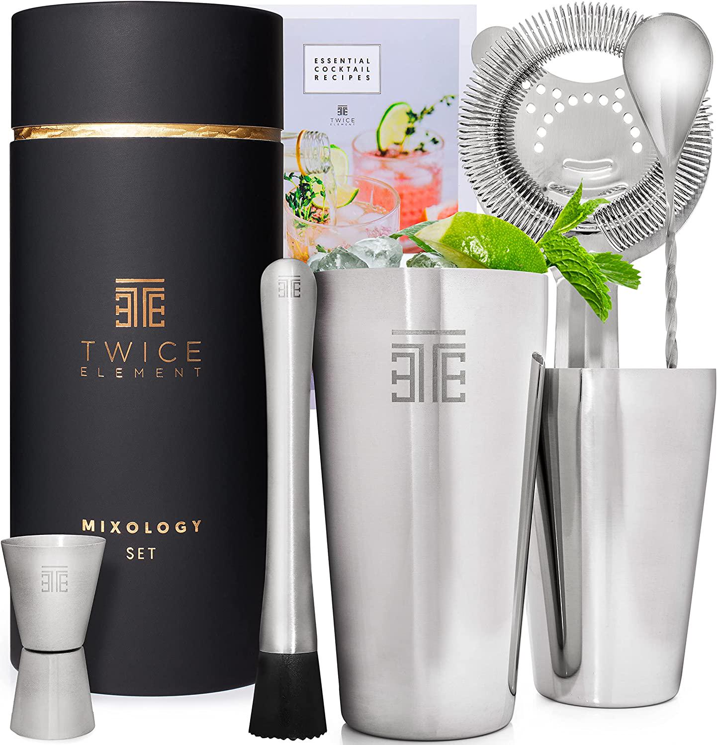 Twice Element, Twice Element Cocktail Shaker Set | Boston Style Shaker Kit with: Elegant Gift Box, Storage Pouch, Recipe Book and All Essential Drink Accessories | Gift for him