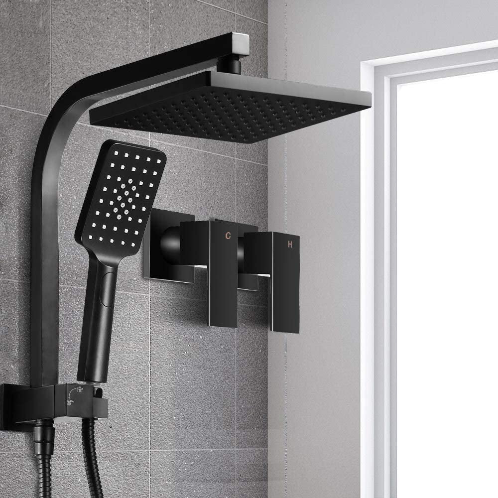 CEFITO, Twin Shower Head Cefito 8” Square Showerhead Combo Set W/ above Rain Shower Head & Handheld Shower Rose & Shower Taps - Matt Black 9L/Min Brass Body