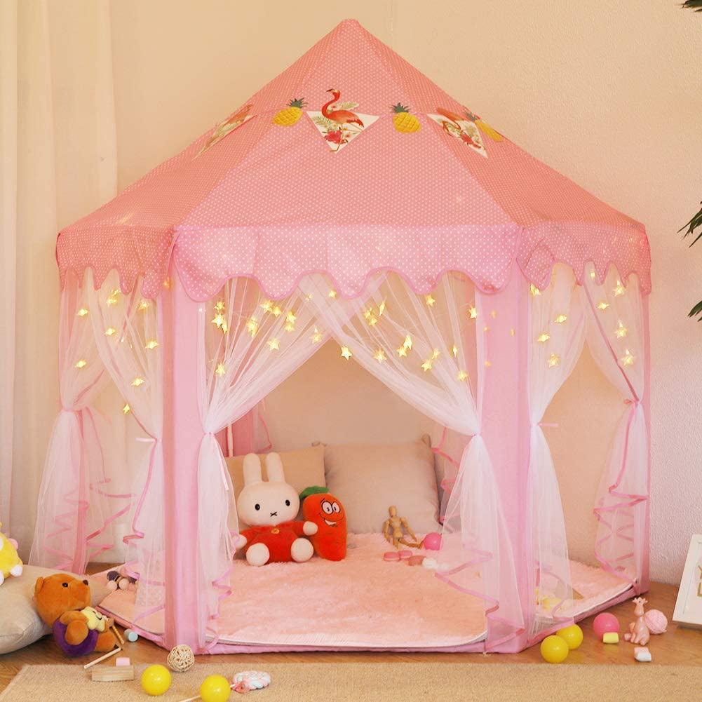 Twinkle Star, Twinkle Star 55 x 53 Princess Play Castle Tent for Girls Playhouse with 50 LEDs Star String Lights, Ultra Soft Rug and Banners Decor, Princess Tent, Kids Game House for Indoor Outdoor Game, Pink