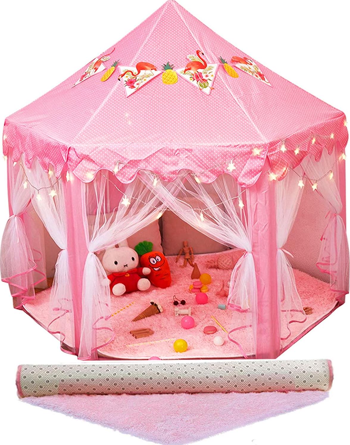 Twinkle Star, Twinkle Star 55 x 53 Princess Play Castle Tent for Girls Playhouse with 50 LEDs Star String Lights, Ultra Soft Rug and Banners Decor, Princess Tent, Kids Game House for Indoor Outdoor Game, Pink