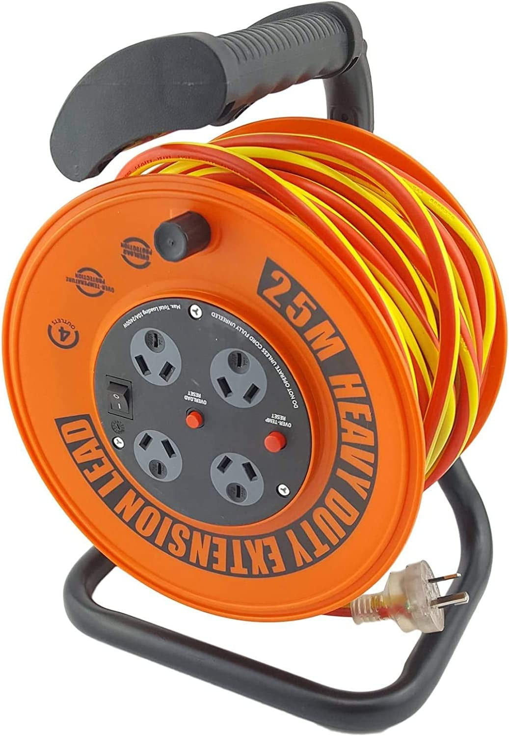 ULTRACHARGE, UR24025R ULTRACHARGE 25M Handyman Ext Reel with 4 Way Surge Power Board UR240/25R 25 Metre Cable, Heavy Duty Reel with Soft Grip