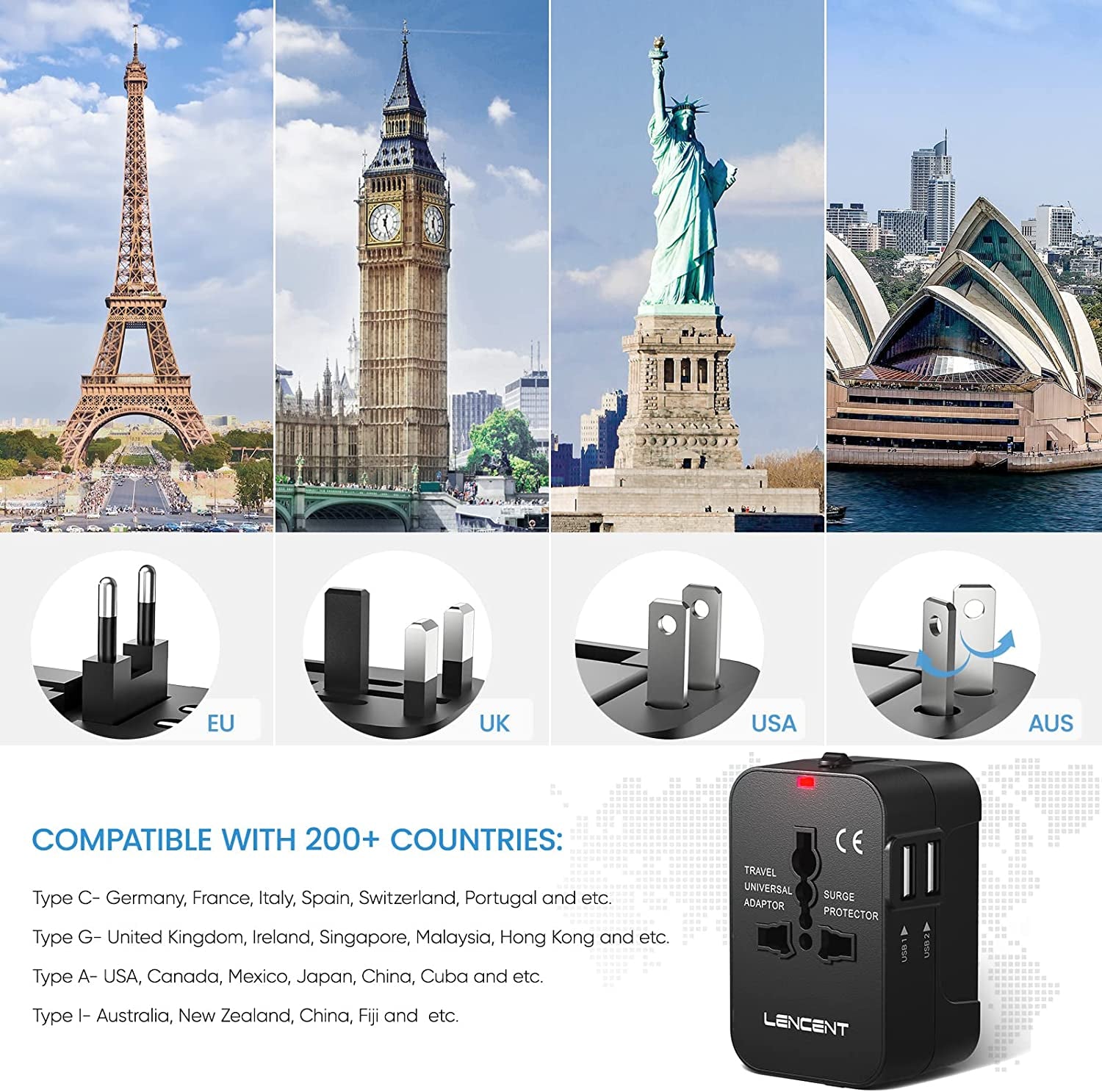 secretgreen.com.au, Universal Travel Adaptor, All-In-One International Power Adapter, Worldwide Travel Charger for US, UK, EU, AU, over 200 Countries