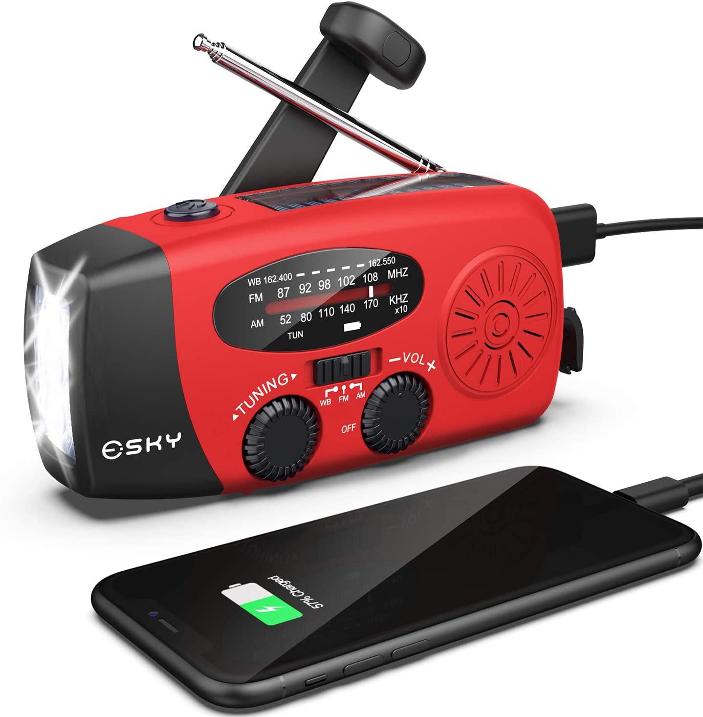 Esky, [Upgraded Version] Emergency Radio, Esky 3W LED Flashlight Hand Crank Radio, Self Powered AM/FM NOAA Weather Radio, Portable Solar Radio 1000mAh Power Bank USB Charger for iPhone/Smart Phone (Red)