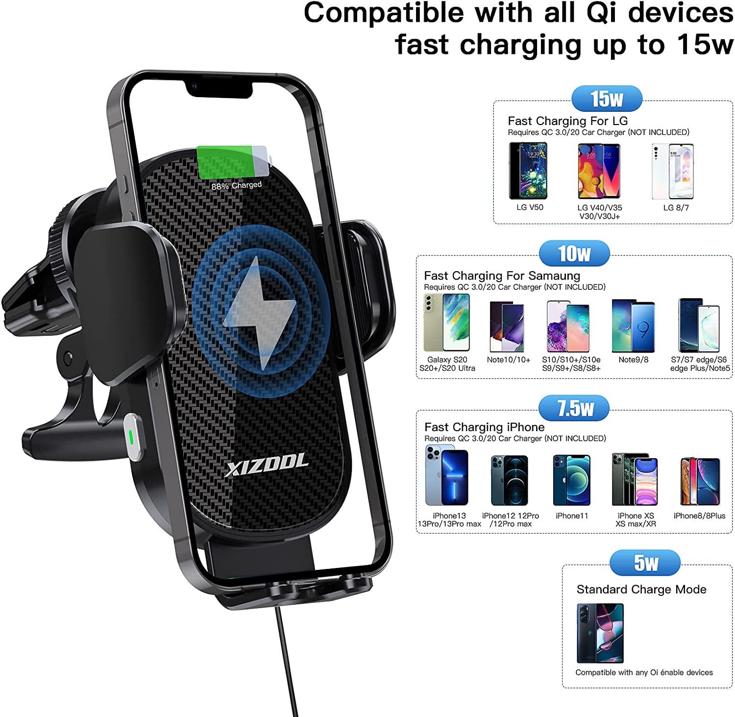 XIZDDL, [Upgraded Version] XIZDDL Wireless Car Charger Mount, 15W Qi Fast Charging Auto-Clamping Air Vent Car Phone Holder for iPhone 13/13 Pro/ 12/11/Max/XS/XR/X/8, Samsung S22/S21/S20/S10/S9/S8, Note 20