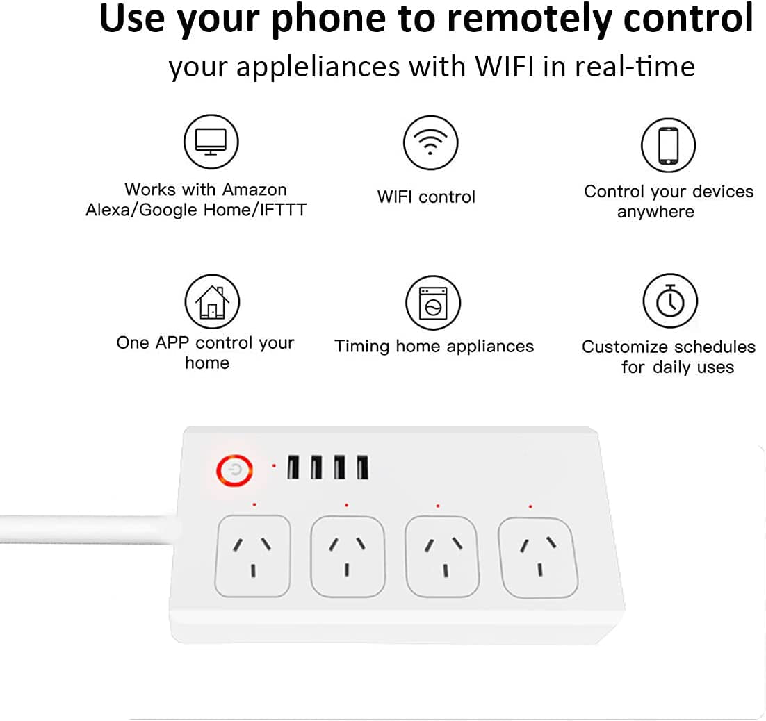 UseeLink, Useelink Smart Power Strip, Power Board with 4 Outlets and 4 USB Charging Ports, Voice Control Compatible with Alexa & Google Assistant, APP Remote Individual Control, Timer Schedule, SAA Certified