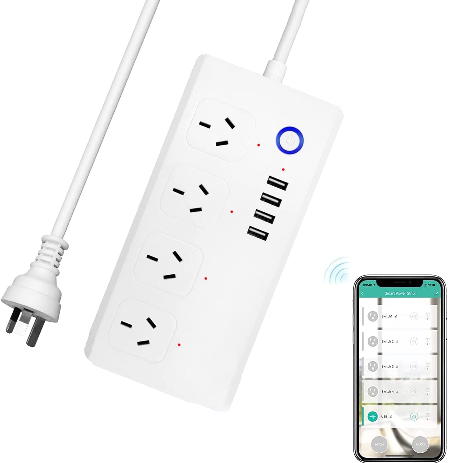 UseeLink, Useelink Smart Power Strip, Power Board with 4 Outlets and 4 USB Charging Ports, Voice Control Compatible with Alexa & Google Assistant, APP Remote Individual Control, Timer Schedule, SAA Certified