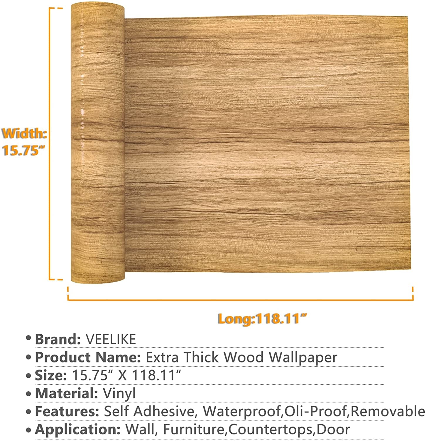 VEELIKE, VEELIKE 15.7''X118'' Brown Wood Wallpaper Waterproof Peel and Stick Wood Vinyl Film Self Adhesive Removable Wood Grain Contact Paper Decorative Wall Covering for Cabinets Countertops Furniture Bedroom