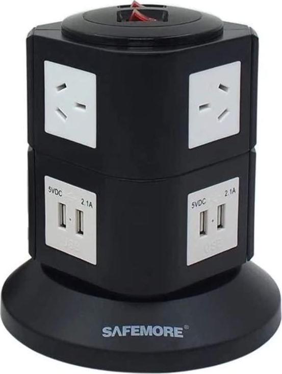 SAFEMORE, Vertical Power Board with 4 USB Ports and 6 Plugs, Black and White, (SM-GL2U002)