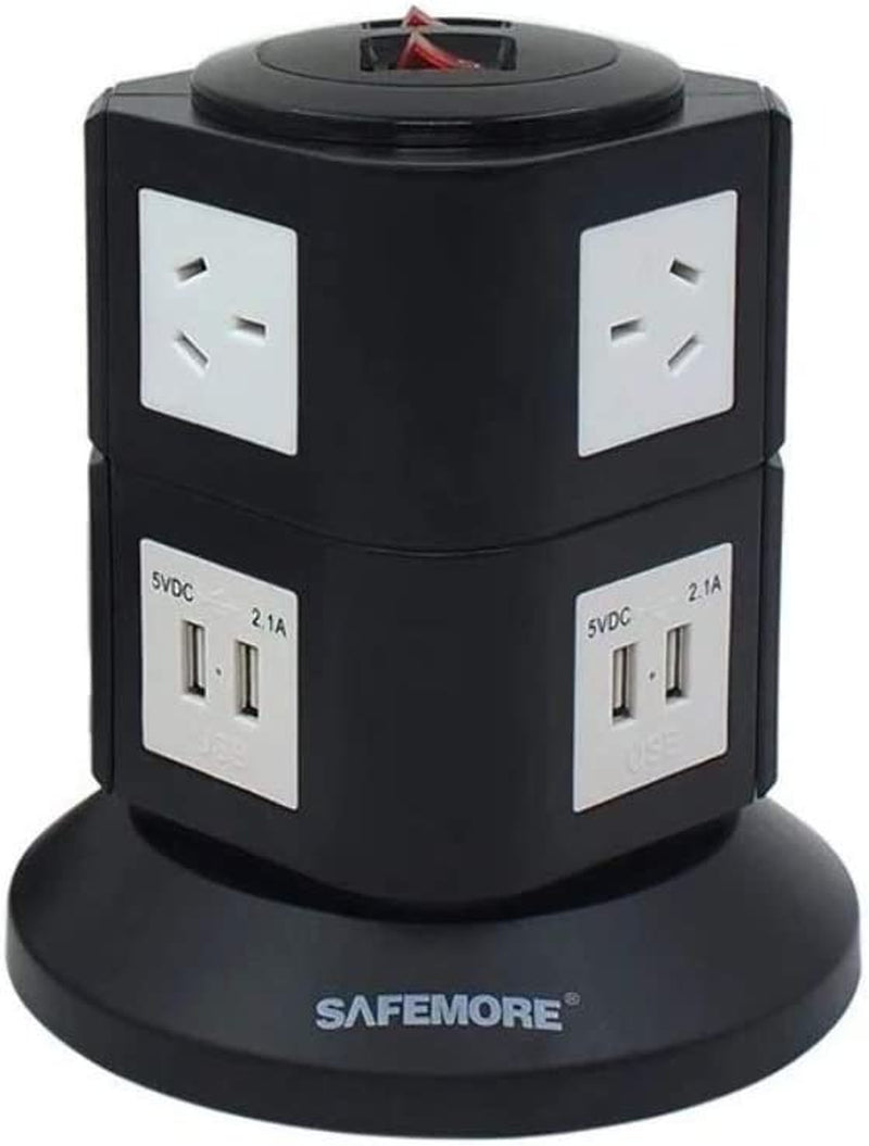 SAFEMORE, Vertical Power Board with 4 USB Ports and 6 Plugs, Black and White, (SM-GL2U002)