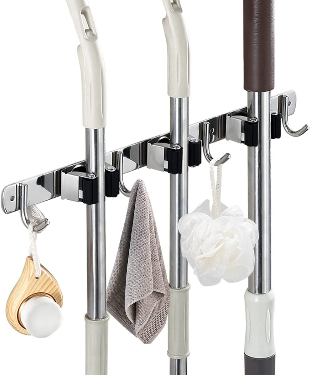 secretgreen.com.au, Wall Mount Broom Mop Holder with 3 Racks & 4 Hanger Hooks, Stainless Steel Storage Organizer Tools for Kitchen Bathroom Closet Garden Garage Office