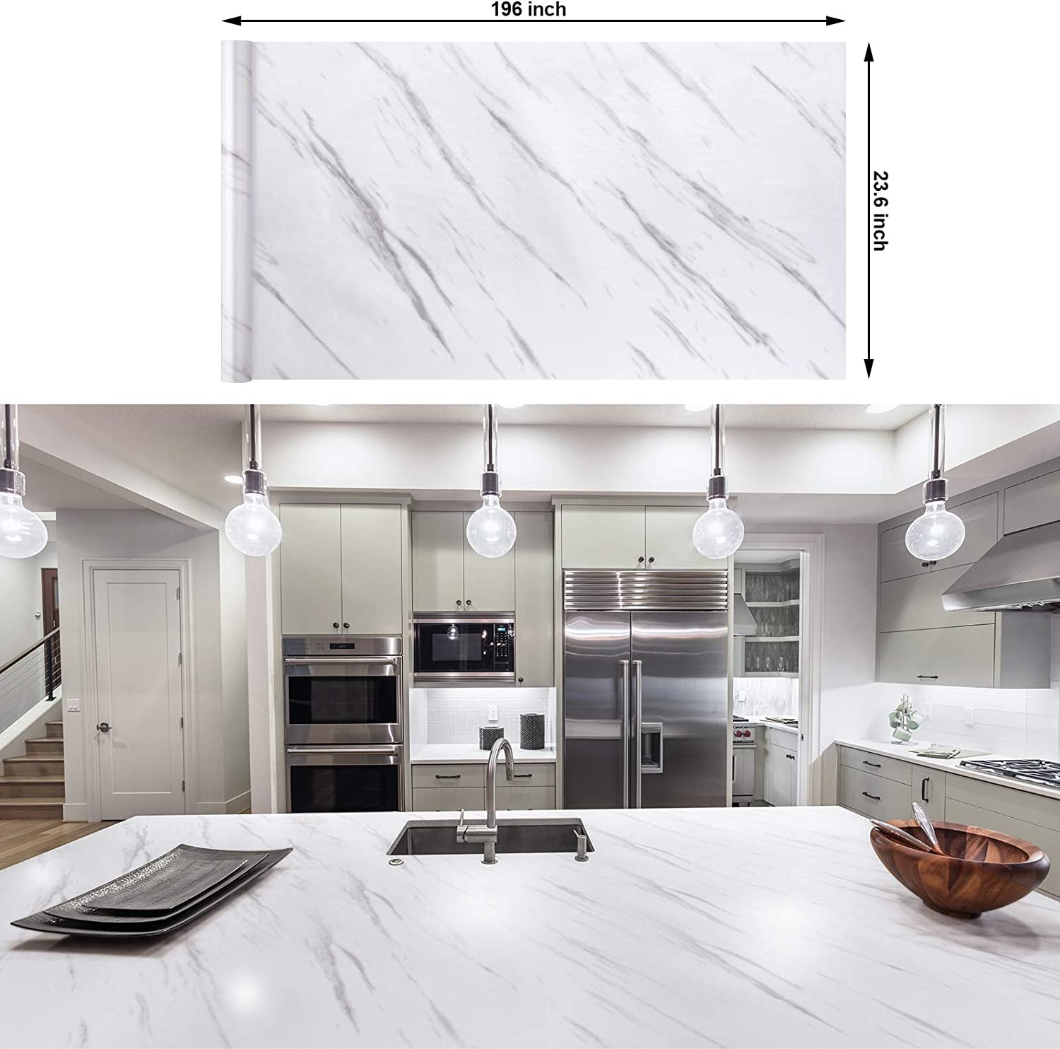 secretgreen.com.au, Waterproof Kitchen Marble Wallpaper Table Door Sticker Self-Adhesive Film Peel-Stick Wallpaper Gloss Countertops Shelf Liner Sticker Furniture Sticker 60*500Cm-White