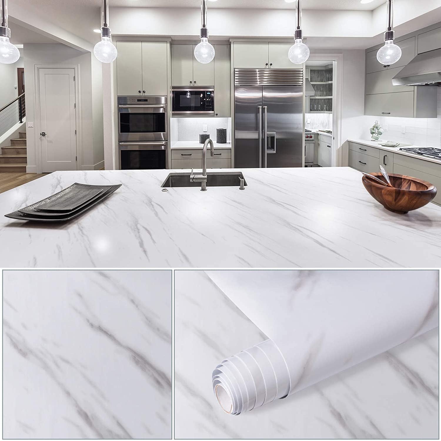 secretgreen.com.au, Waterproof Kitchen Marble Wallpaper Table Door Sticker Self-Adhesive Film Peel-Stick Wallpaper Gloss Countertops Shelf Liner Sticker Furniture Sticker 60*500Cm-White