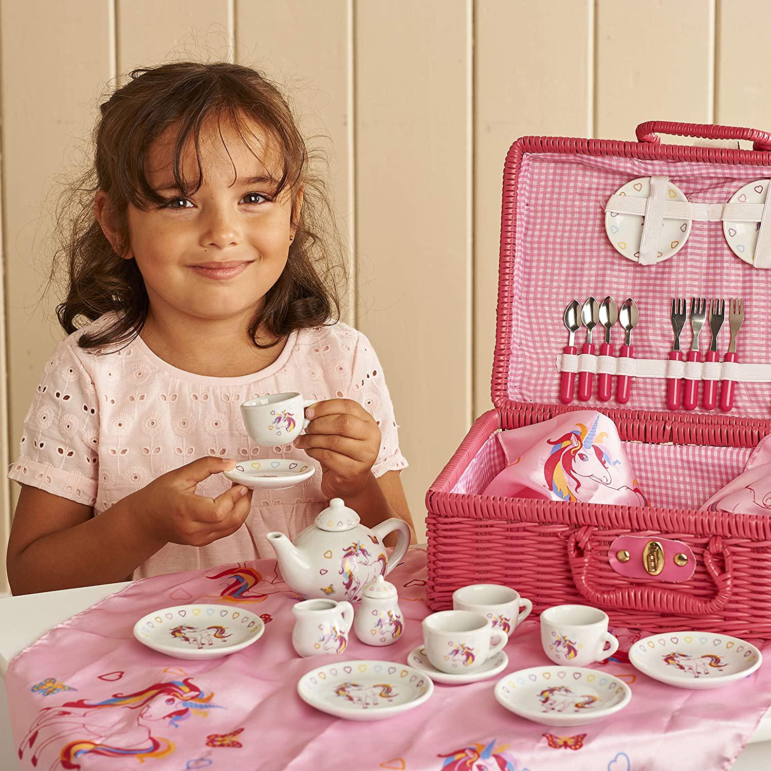 Wobbly Jelly, Wobbly Jelly - 'Magical Unicorn' China Tea Set and Picnic Basket - 31 pc Toy Tea Set or Children