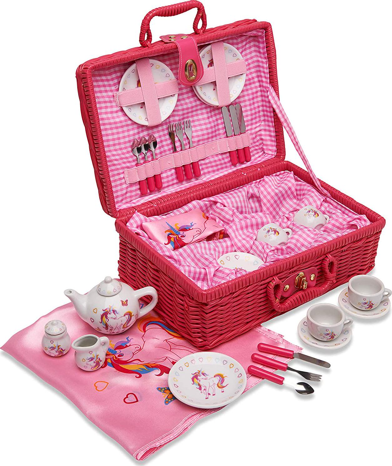 Wobbly Jelly, Wobbly Jelly - 'Magical Unicorn' China Tea Set and Picnic Basket - 31 pc Toy Tea Set or Children