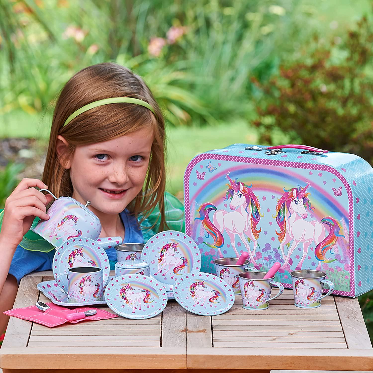 Wobbly Jelly, Wobbly Jelly 'Unicorn Dream' Metal Café Set and Carry Case Toy (14 Piece Pink Tea Set for Children)