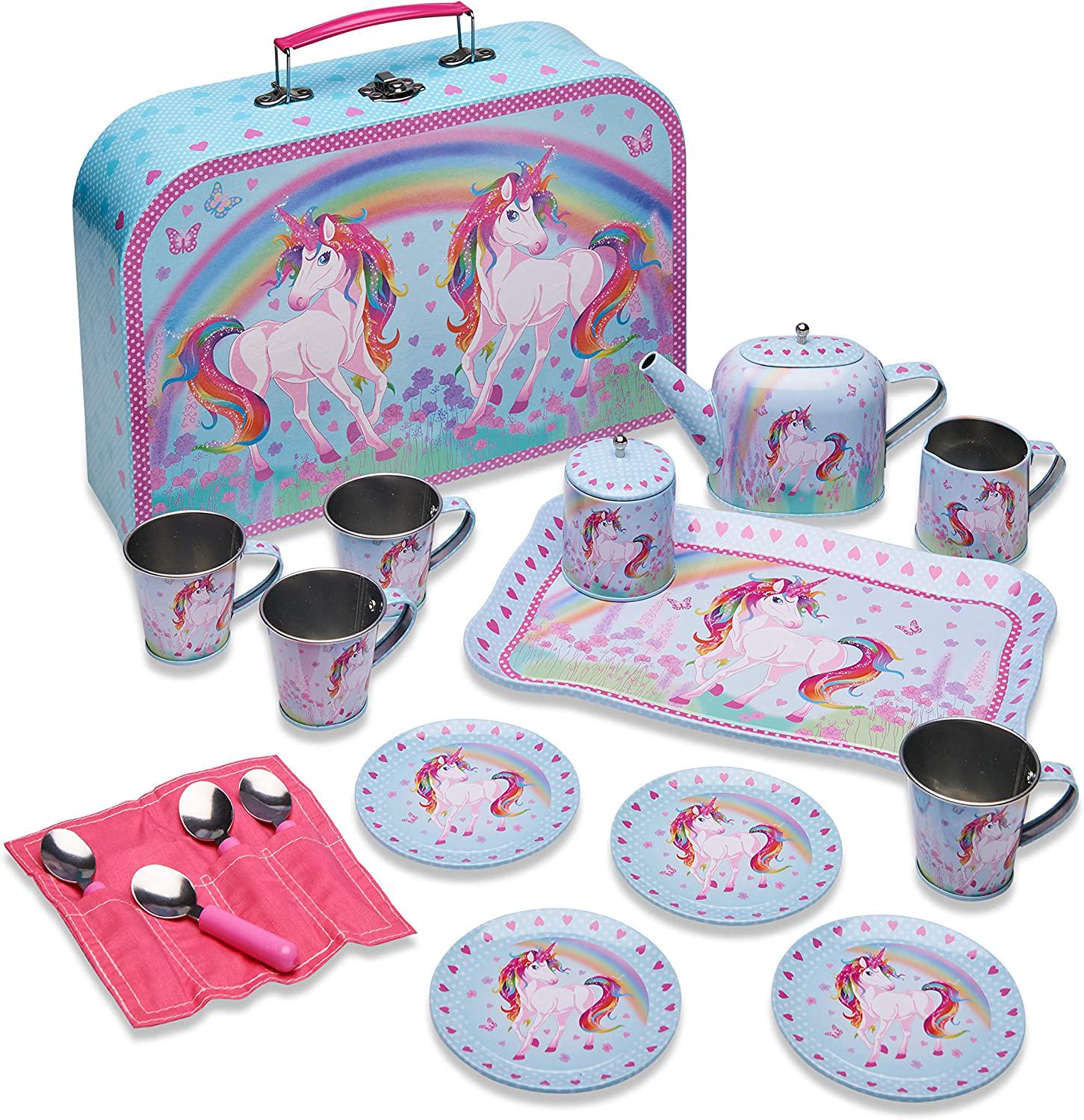Wobbly Jelly, Wobbly Jelly 'Unicorn Dream' Metal Café Set and Carry Case Toy (14 Piece Pink Tea Set for Children)