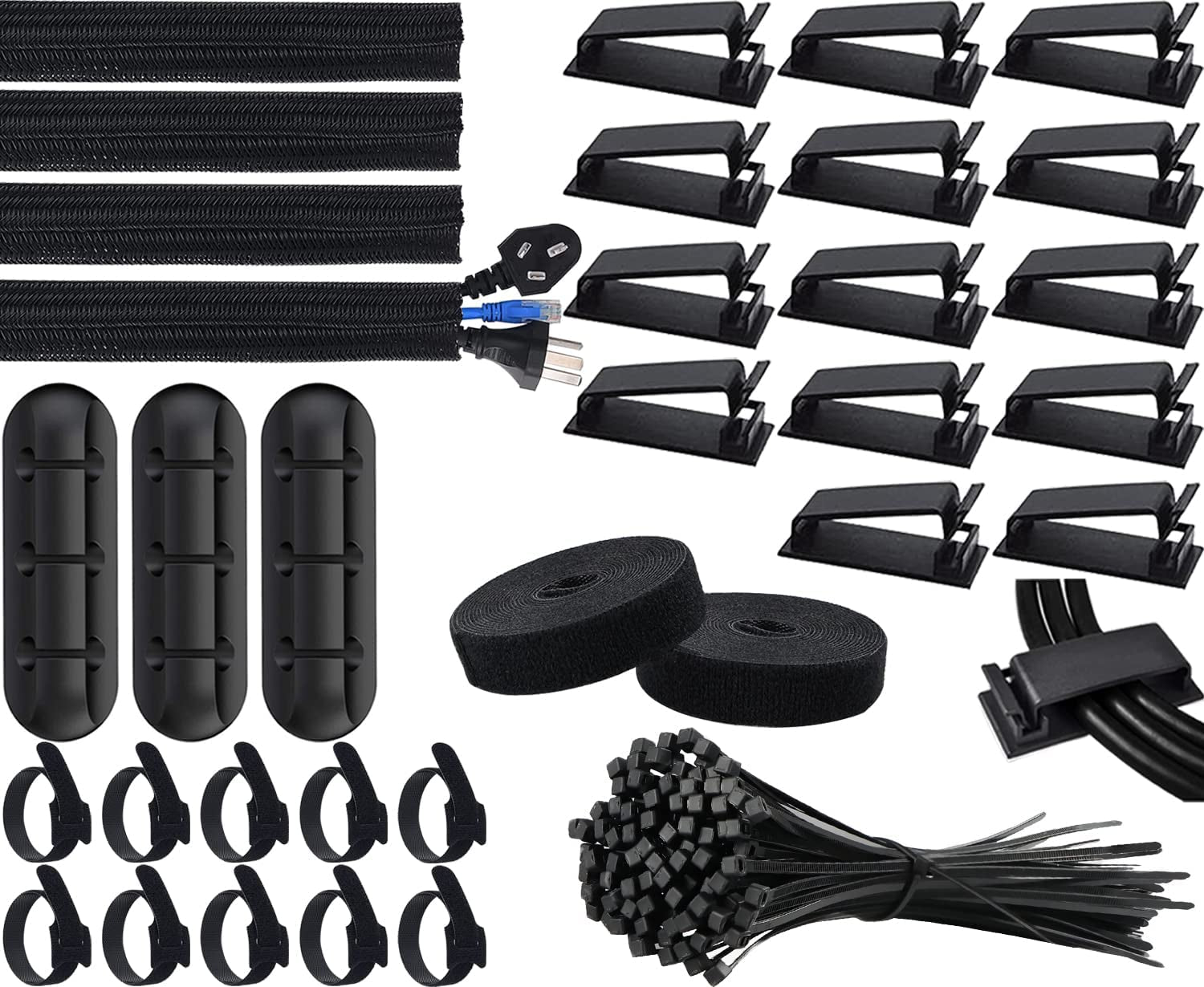 secretgreen.com.au, ® 134Pcs Cable Management Kit, 4 Tubing Cable Sleeve, 3 Silicone Cable Holder, 10+2 Roll Cable Organizer Straps, 15 Large Cord Clips and 100 Wire Fastening Ties for TV PC under Desk Home Office